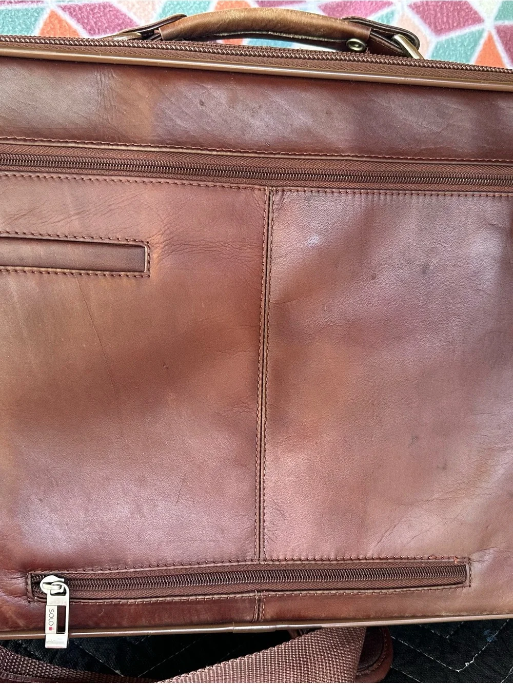 solo Tan Leather Briefcase with Front Zip Pocket